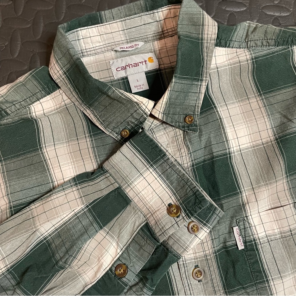 Carhartt Men’s Long Sleeve Button Up Relaxed Fit Shirt Green Plaid Large